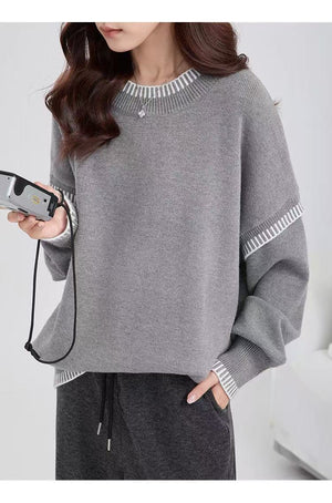 Women’s Solid Color Thick Knit Pullover Sweater – Loose Fit Lazy Wind Casual Crew Neck, Autumn 2025 - Negative Apparel