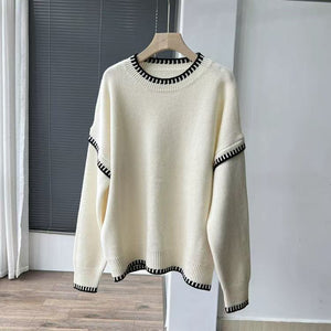 Women’s Solid Color Thick Knit Pullover Sweater – Loose Fit Lazy Wind Casual Crew Neck, Autumn 2025 - Negative Apparel