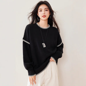 Women’s Solid Color Thick Knit Pullover Sweater – Loose Fit Lazy Wind Casual Crew Neck, Autumn 2025 - Negative Apparel
