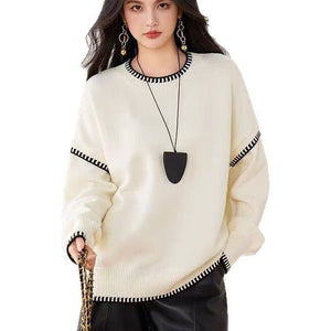 Women’s Solid Color Thick Knit Pullover Sweater – Loose Fit Lazy Wind Casual Crew Neck, Autumn 2025 - Negative Apparel