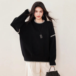 Women’s Solid Color Thick Knit Pullover Sweater – Loose Fit Lazy Wind Casual Crew Neck, Autumn 2025 - Negative Apparel