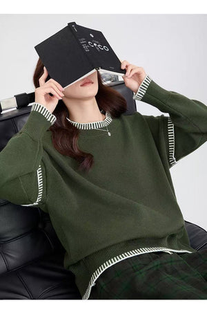 Women’s Solid Color Thick Knit Pullover Sweater – Loose Fit Lazy Wind Casual Crew Neck, Autumn 2025 - Negative Apparel