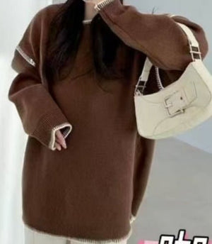 Women’s Solid Color Thick Knit Pullover Sweater – Loose Fit Lazy Wind Casual Crew Neck, Autumn 2025 - Negative Apparel