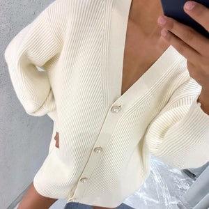 Women’s Solid Color V - Neck Cardigan Sweater – Loose Fit Bubble Sleeve Knitwear with Pearl Button Options - Negative Apparel