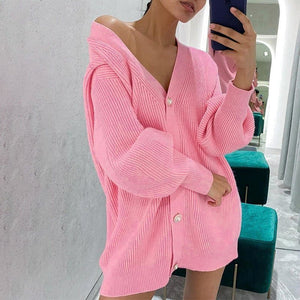 Women’s Solid Color V - Neck Cardigan Sweater – Loose Fit Bubble Sleeve Knitwear with Pearl Button Options - Negative Apparel