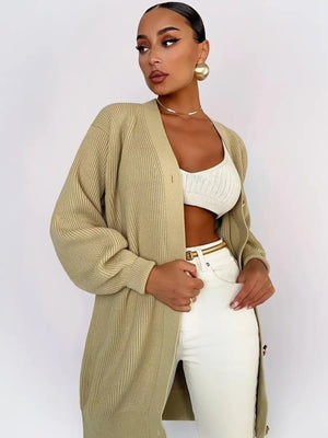 Women’s Solid Color V - Neck Cardigan Sweater – Loose Fit Bubble Sleeve Knitwear with Pearl Button Options - Negative Apparel