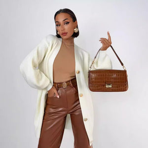 Women’s Solid Color V - Neck Cardigan Sweater – Loose Fit Bubble Sleeve Knitwear with Pearl Button Options - Negative Apparel