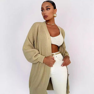 Women’s Solid Color V - Neck Cardigan Sweater – Loose Fit Bubble Sleeve Knitwear with Pearl Button Options - Negative Apparel