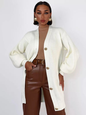 Women’s Solid Color V - Neck Cardigan Sweater – Loose Fit Bubble Sleeve Knitwear with Pearl Button Options - Negative Apparel