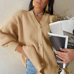 Women’s Solid Color V - Neck Cardigan Sweater – Loose Fit Bubble Sleeve Knitwear with Pearl Button Options - Negative Apparel