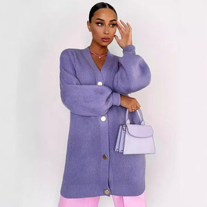 Women’s Solid Color V - Neck Cardigan Sweater – Loose Fit Bubble Sleeve Knitwear with Pearl Button Options - Negative Apparel