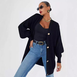 Women’s Solid Color V - Neck Cardigan Sweater – Loose Fit Bubble Sleeve Knitwear with Pearl Button Options - Negative Apparel