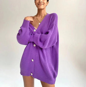 Women’s Solid Color V - Neck Cardigan Sweater – Loose Fit Bubble Sleeve Knitwear with Pearl Button Options - Negative Apparel