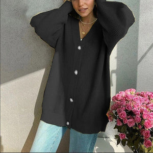 Women’s Solid Color V - Neck Cardigan Sweater – Loose Fit Bubble Sleeve Knitwear with Pearl Button Options - Negative Apparel