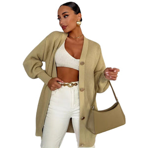 Women’s Solid Color V - Neck Cardigan Sweater – Loose Fit Bubble Sleeve Knitwear with Pearl Button Options - Negative Apparel