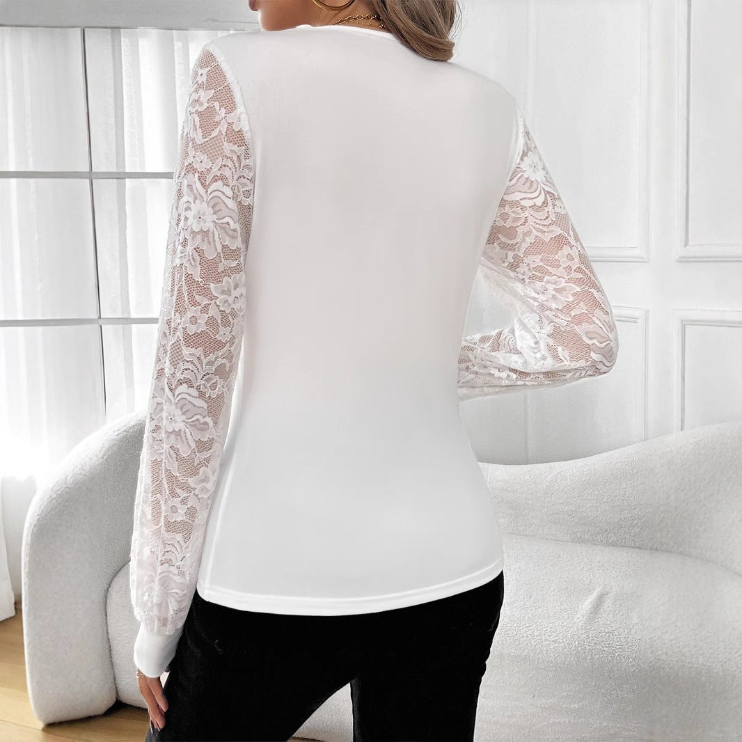 Women's solid color V - neck lace splicing hot rhinestone lantern sleeve T-shirt - Negative Apparel