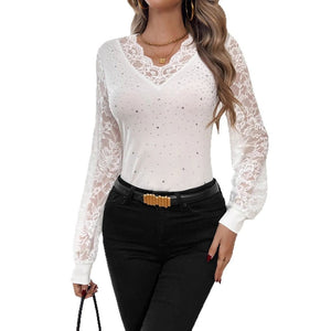 Women's solid color V - neck lace splicing hot rhinestone lantern sleeve T-shirt - Negative Apparel
