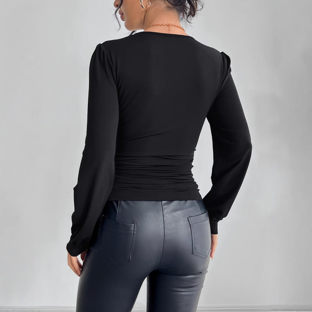 Women's solid color V - neck lace splicing hot rhinestone side pleated T-shirt - Negative Apparel