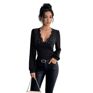 Women's solid color V - neck lace splicing hot rhinestone side pleated T-shirt - Negative Apparel