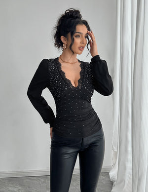 Women's solid color V - neck lace splicing hot rhinestone side pleated T-shirt - Negative Apparel