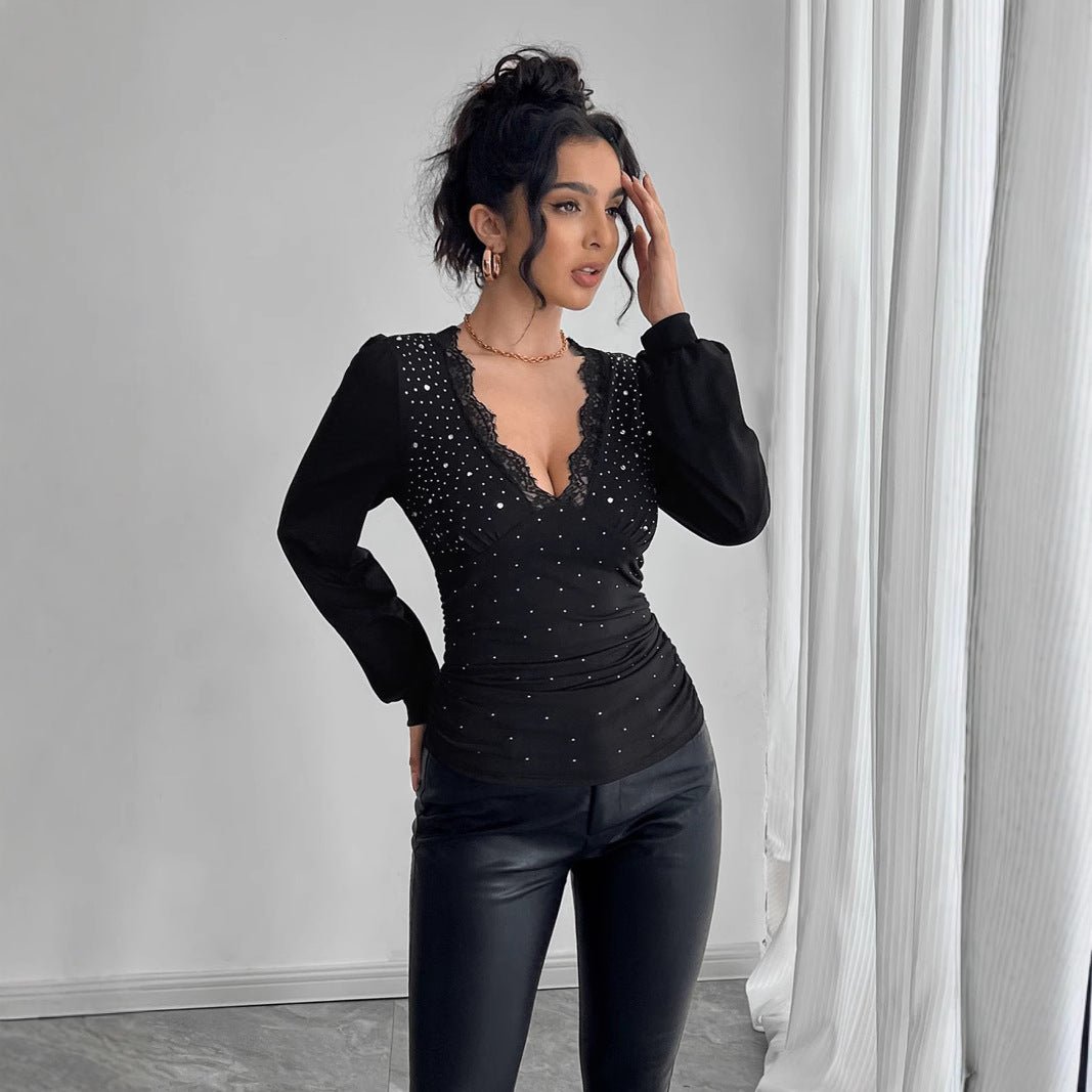 Women's solid color V - neck lace splicing hot rhinestone side pleated T-shirt - Negative Apparel