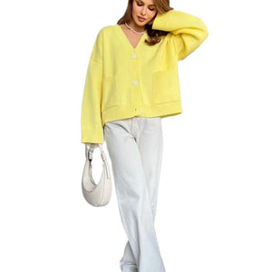Women’s Solid Color V - Neck Pocket Cardigan Sweater – Loose Fit Acrylic Knitwear, Autumn 2025 Collection - Negative Apparel