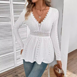 Women's solid color V - neck splicing lace long - sleeved T-shirt top women's clothing - Negative Apparel