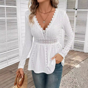 Women's solid color V - neck splicing lace long - sleeved T-shirt top women's clothing - Negative Apparel