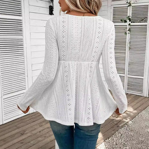 Women's solid color V - neck splicing lace long - sleeved T-shirt top women's clothing - Negative Apparel