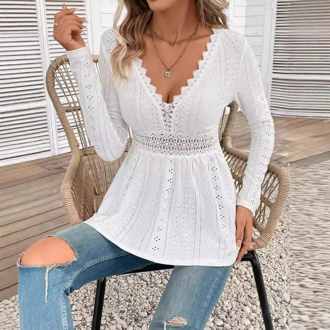 Women's solid color V - neck splicing lace long - sleeved T-shirt top women's clothing - Negative Apparel