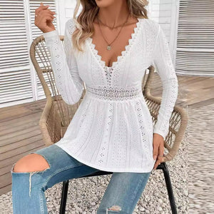 Women's solid color V - neck splicing lace long - sleeved T-shirt top women's clothing - Negative Apparel