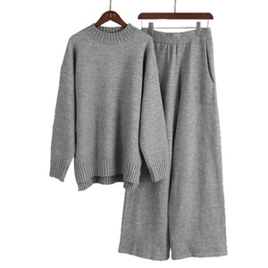 Women’s Solid Grey Acrylic Casual Two - Piece Set | Long Sleeve Top & Pants | Korean Minimalist Loungewear | Summer 2025 - Negative Apparel