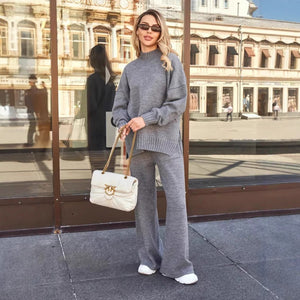 Women’s Solid Grey Acrylic Casual Two - Piece Set | Long Sleeve Top & Pants | Korean Minimalist Loungewear | Summer 2025 - Negative Apparel