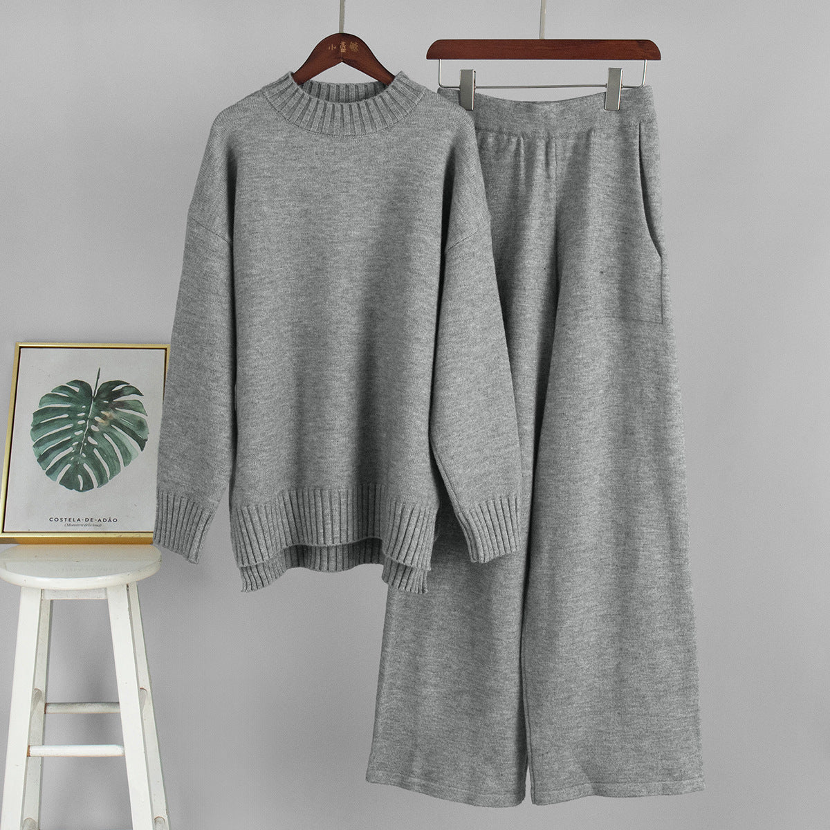 Women’s Solid Grey Acrylic Casual Two - Piece Set | Long Sleeve Top & Pants | Korean Minimalist Loungewear | Summer 2025 - Negative Apparel