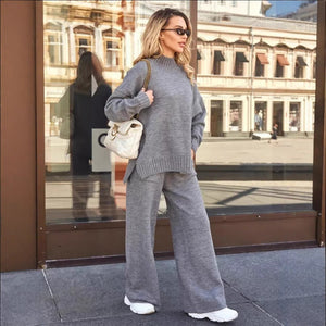 Women’s Solid Grey Acrylic Casual Two - Piece Set | Long Sleeve Top & Pants | Korean Minimalist Loungewear | Summer 2025 - Negative Apparel