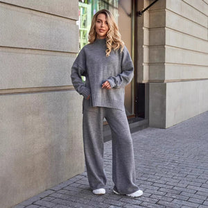 Women’s Solid Grey Acrylic Casual Two - Piece Set | Long Sleeve Top & Pants | Korean Minimalist Loungewear | Summer 2025 - Negative Apparel