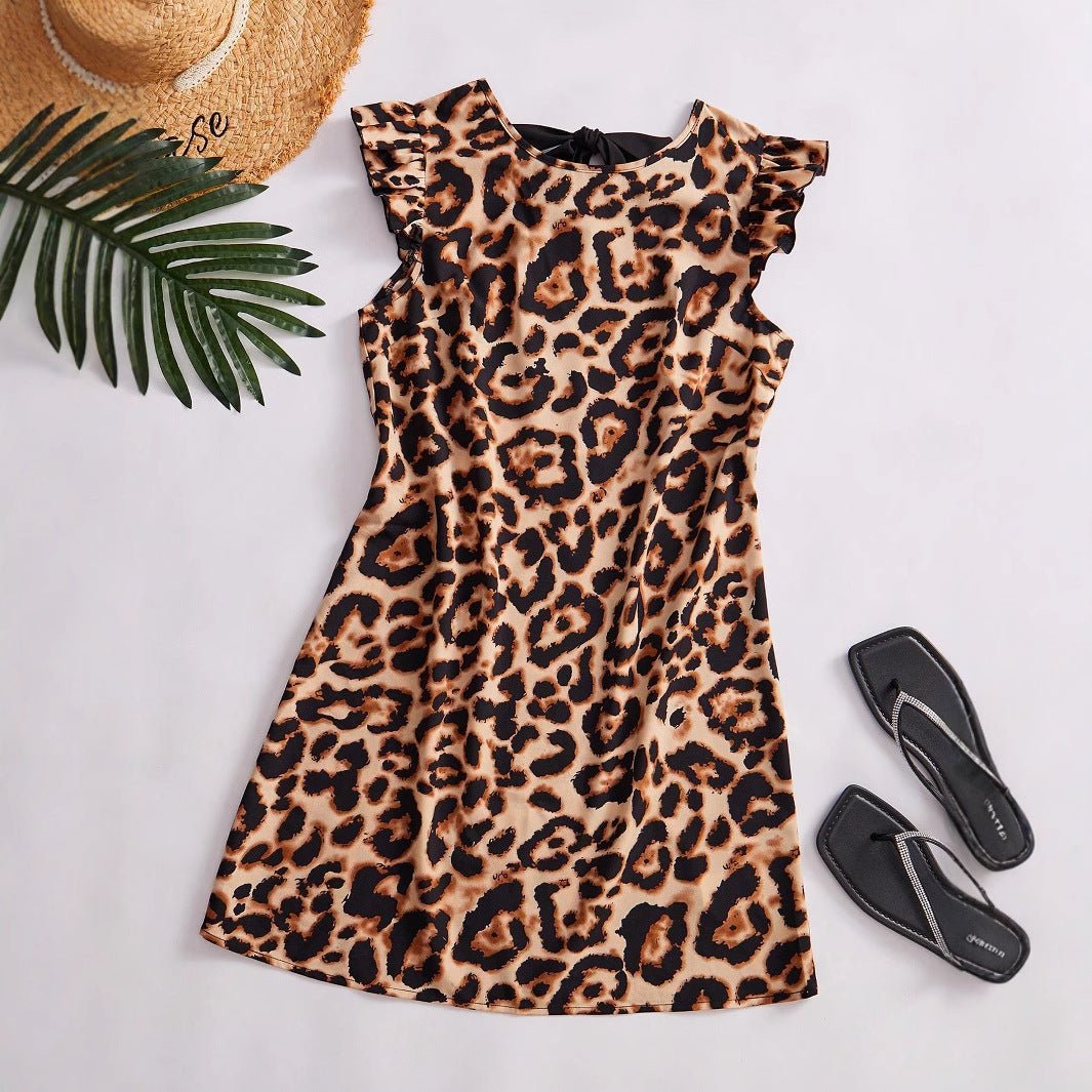 women's spring and summer an and n fashion leopard dress neckline tie flying sleeves A - line skirt midi skirt - Negative Apparel