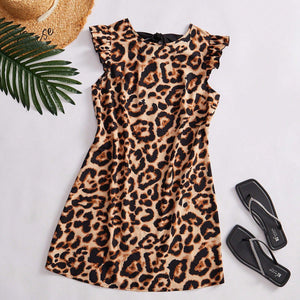 women's spring and summer an and n fashion leopard dress neckline tie flying sleeves A - line skirt midi skirt - Negative Apparel