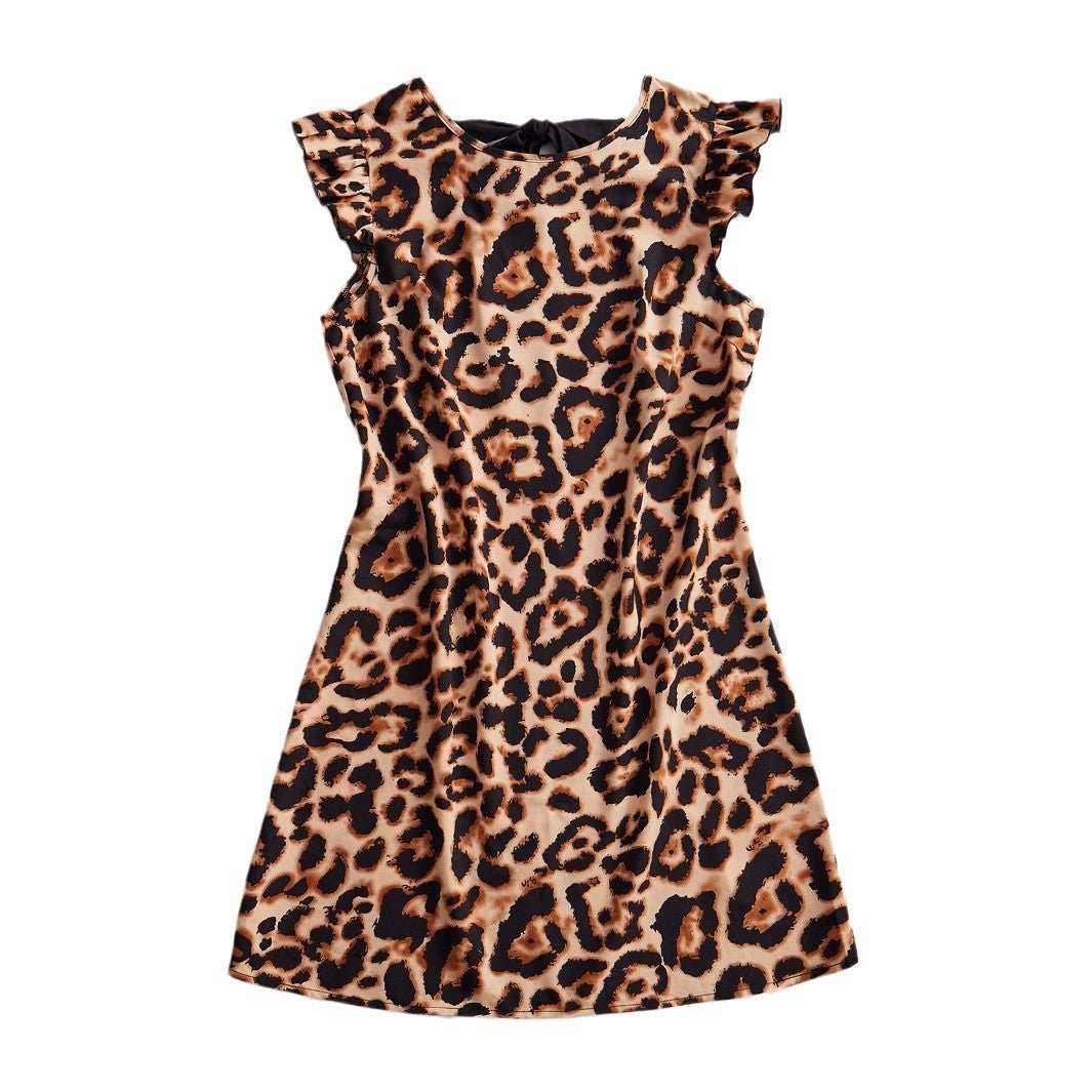 women's spring and summer an and n fashion leopard dress neckline tie flying sleeves A - line skirt midi skirt - Negative Apparel