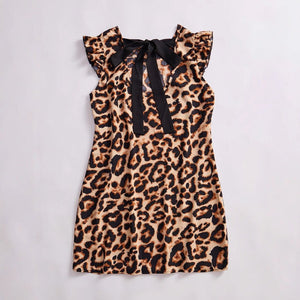 women's spring and summer an and n fashion leopard dress neckline tie flying sleeves A - line skirt midi skirt - Negative Apparel