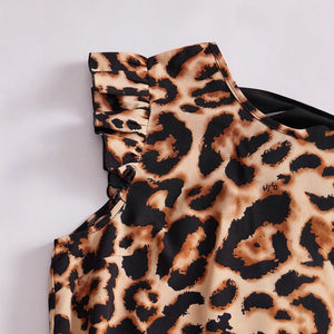 women's spring and summer an and n fashion leopard dress neckline tie flying sleeves A - line skirt midi skirt - Negative Apparel