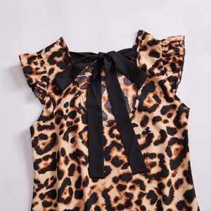 women's spring and summer an and n fashion leopard dress neckline tie flying sleeves A - line skirt midi skirt - Negative Apparel