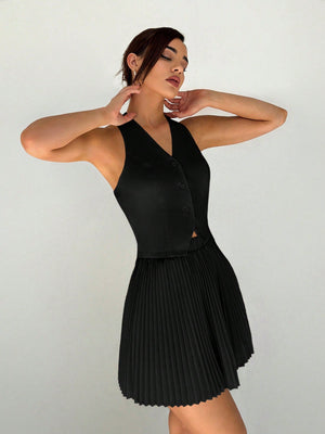 Women's Spring/Summer V - Neck Sleeveless Vest And Pleated Skirt Commuter Two - Piece Set - Negative Apparel