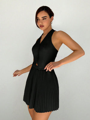 Women's Spring/Summer V - Neck Sleeveless Vest And Pleated Skirt Commuter Two - Piece Set - Negative Apparel