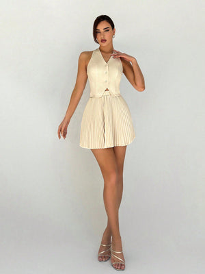 Women's Spring/Summer V - Neck Sleeveless Vest And Pleated Skirt Commuter Two - Piece Set - Negative Apparel