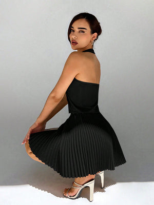 Women's Spring/Summer V - Neck Sleeveless Vest And Pleated Skirt Commuter Two - Piece Set - Negative Apparel