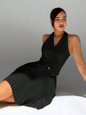 Women's Spring/Summer V - Neck Sleeveless Vest And Pleated Skirt Commuter Two - Piece Set - Negative Apparel