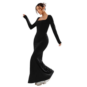 Women's square collar black knitted long sleeve bodycone long dress party dress - Negative Apparel