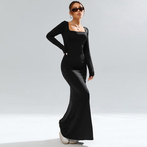 Women's square collar black knitted long sleeve bodycone long dress party dress - Negative Apparel