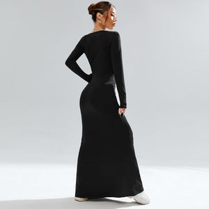 Women's square collar black knitted long sleeve bodycone long dress party dress - Negative Apparel
